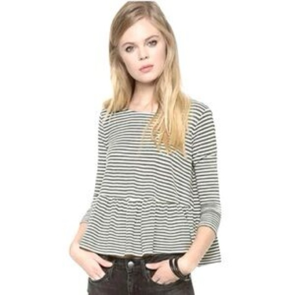 We The Free Green Striped Peplum Blouse 3/4 Sleeve